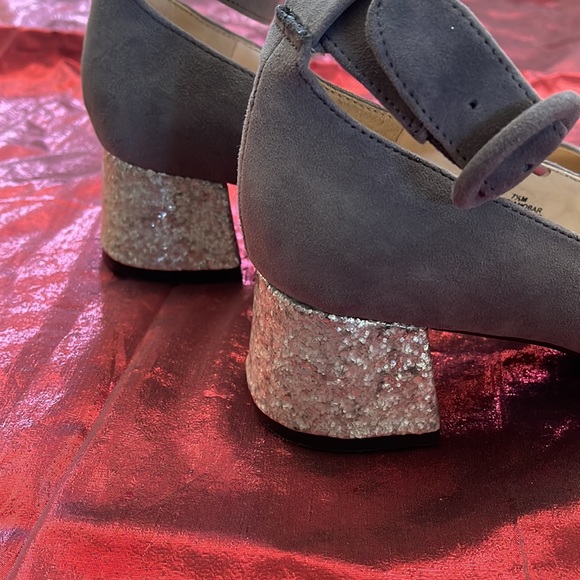 Nine West Grey Suede Ballerina Round Toe Ankle Strap Glitter Block Heels - Picture 6 of 9